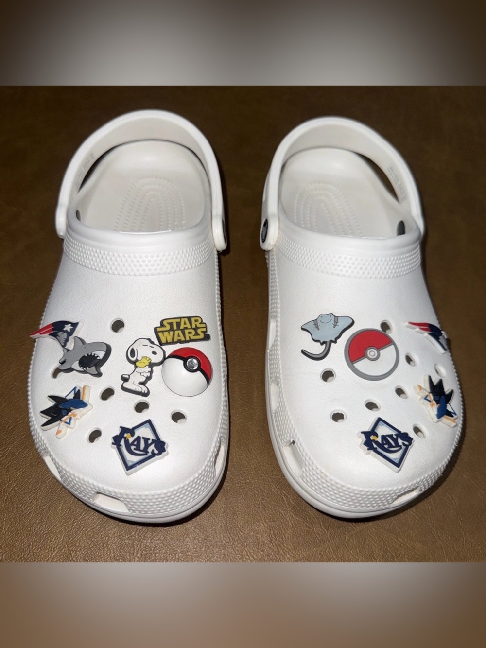 Crocs Clogs White - Jibbitz Charms Sports Pokemon etc. US Mens 8 - Womens 10